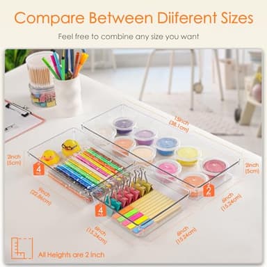Criusia Drawer Organizer, 10 Pack Large Clear Plast Set, 3 Size Versatile Bathroom and Vanity Organizer Trays, Storage Bins for Makeup, Bedroom, Kitchen Utensils - Image 3