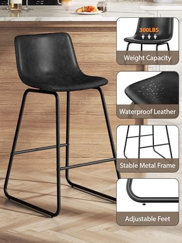 Aowos Bar Stools Set of 3, 26 Inches Counter Height Bar Stools with Back, Modern Faux Leather Barstools with Metal Legs and Footrest, Bar Chairs for Kitchens Island (Black) - Image 7