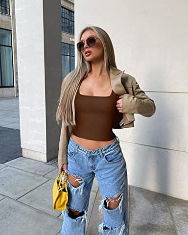 OLCHEE Womens 3 Pack Crop Tank Tops Basic Seamless Ribbed Sleeveless Square Neck Workout Top Summer Exercise Yoga Gym Shirts - Black Brown Beige Small - Image 2