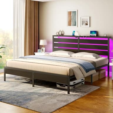 Rolanstar Bed Frame King Size with USB Charging Station, LED Bed Frame with Wood Storage Headboard, Black Metal Platform Bed with Under Bed Storage, No Box Spring Needed, Noise Free - Image 5