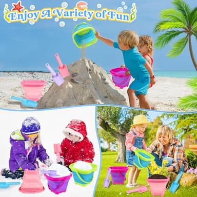 Collapsible Beach Buckets for Kids, Foldable Sand Buckets and Shovels with Mesh Bag, Silicone Sand Pails Travel Beach Toys for Toddlers Easter Egg Hunt, Camping and Fishing Water Pail - Image 6