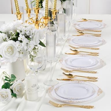 Joyido 102PCS White and Gold Plastic Plates - Heavy Duty Gold Disposable Plates Include 51PCS 7.5inch Dessert Plates, 51PCS 10.25inch Dinner Plates for Christmas & Thanksgiving Parties - Image 9