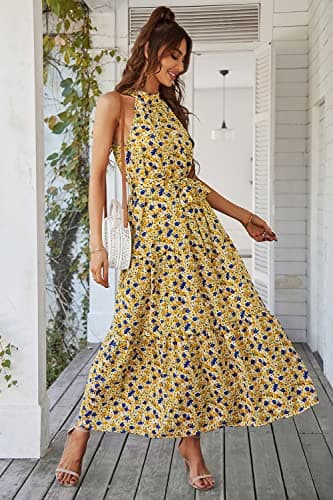 PRETTYGARDEN Women's Summer Floral Maxi Sun Dress Sleeveless Halter Neck Flowy Ruffle Hem Long Boho Dresses with Belt (Floral Yellow,Large) - Image 5
