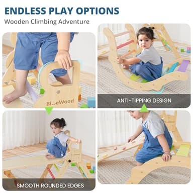 BlueWood Pikler Triangle Set, Toddler Wooden Climbing Toys Indoor 7in1 Foldable Climber for Kids, Montessori Philosophy Play Jungle Gym with Arch, Ramp, Ladder (Colorful Spring) - Image 4