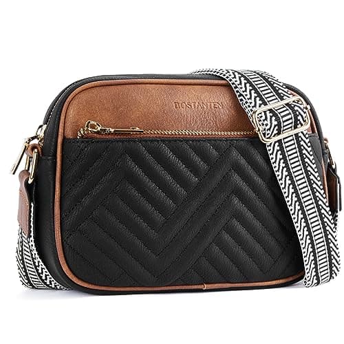 BOSTANTEN Quilted Crossbody Bags for Women Vegan Leather Purses Small Shoulder Handbags with Wide Strap Black with Brown - Image 1