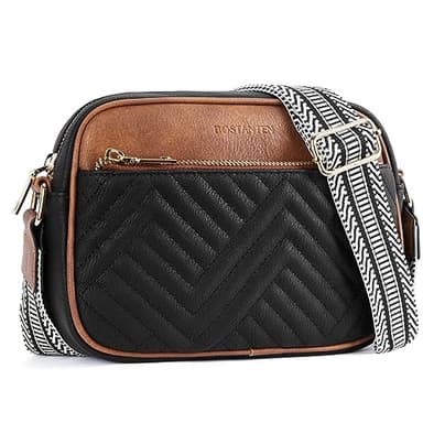 BOSTANTEN Quilted Crossbody Bags for Women Vegan Leather Purses Small Shoulder Handbags with Wide Strap Black with Brown - Image 1