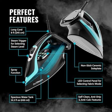 PurSteam SteamTech Elite 1750W Steam Iron, Digital Temp Control & LED Display, Ceramic Soleplate, Adjustable Steam, Self-Clean, Anti-Calc, Anti-Drip, Auto Shut-Off - Image 7