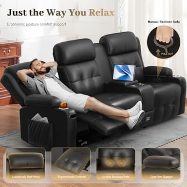 Recliner Sofa, Massage Reclining 3 Seater Sofa Sets Heavy Weight Capacity, RV Loveseat Couch Clearance with Console, USB, Type C Port, Storage, Cup Holders, Wall Hugger Chair for Living Room - Image 4