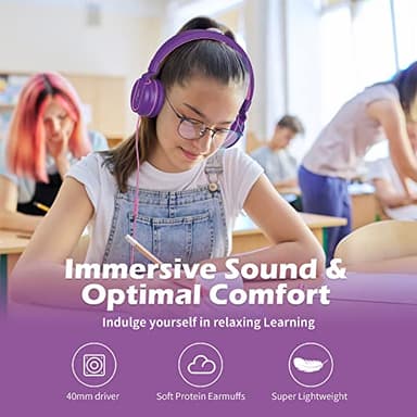 Kids Headphones, AILIHEN I35 On-Ear Headphones for School, Safe Volume 93dB, HD Mic Stereo Headphone for Kid Girls Children, Foldable Wired 3.5mm for Chromebook, Laptop, Computer, Tablet (Pink Purple) - Image 2
