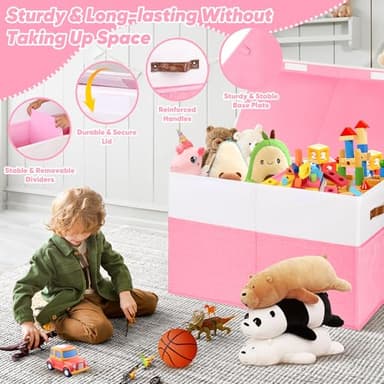 Mabahoo Large Toy Box, Collapsible Sturdy Storage Organize Chest Boxes With Lids, 25"x13"x16" Kids Toy Chest Bin Baskets for Living Room, Bedroom, Nursery, White & Pink - Image 4
