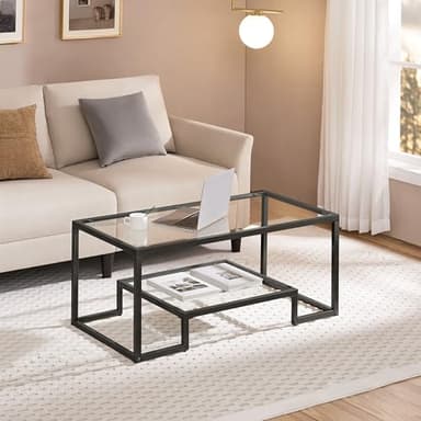 Yaheetech Coffee Table, Tempered Glass Coffee Table, Modern Simple Center Tables w/Geometric-Inspired Design & Metal-Frame & Easy Assembly & Open Storage Shelf for Living Room, Office, Black - Image 2