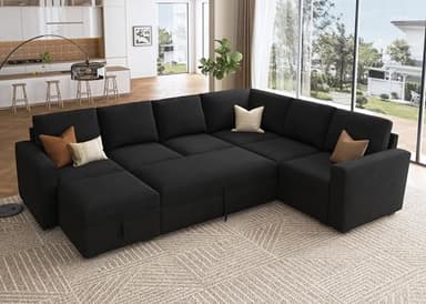 HONBAY Sectional Sleeper Couch with Pull Out Bed, U Shaped Sectional Sofa with Storage, Modular Velvet Sectional Couches for Living Room, Black - Image 1