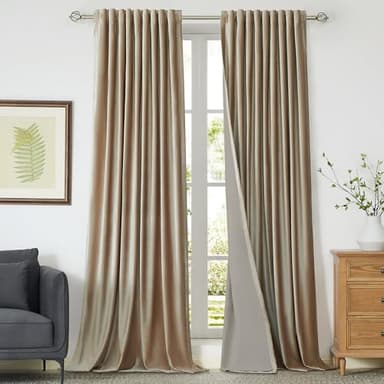 100% Full Blackout Champagne Beige Velvet Curtains 108 inch Long for Living Room,Set of 2 Liner Rod Pocket Back Tab Thermal Window Curtains Room Darkening Heavy Decorative Curtains Drapes for Bedroom - Image 1