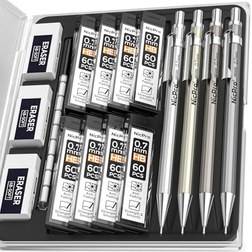 Nicpro 4 Pack Mechanical Pencil 0.7mm with Case, MB1000 Metal Mechanical Pencil Set with 8 Tube HB #2 Lead Refill 0.7 mm, 3PCS 4B Eraser, 9 Cap Eraser for Artist Drafting Writing, Sketching, Drawing - Image 1