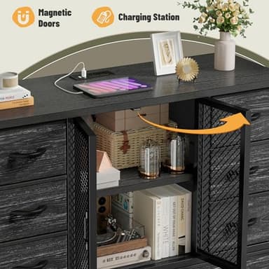 Dresser for Bedroom with 12 Drawers, Charging Station & LED Light & Mesh Door, Large Chests of Drawers for Hallway, Living Room, Entryway, Wooden Top, Metal Frame, Black, 50.6" H x 37.8" W x 11.8" D - Image 7