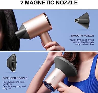 Hair Dryer, 110000RPM Professional Low Noise Negative Ionic Blow Dryer, Fast Drying, Negative Ions Care, Heat-Control, with Magnetic Diffuser and Nozzle, 4 Temps & 3 Speeds, HD Display - Image 6