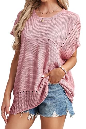 Cakulo Womens Summer Short Sleeve Casual Sweaters Tunic Crochet Knit Sweater Top 2025 Pink XL - Image 1