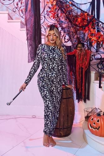 Ekouaer 2 Pack Womens Pajama Set Long Sleeve Sleepwear,Soft Pjs Lounge Sets Nightwear with Pockets Halloween Skull/Pumpkin Large - Image 2