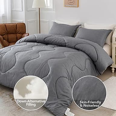 PY HOME & SPORTS Queen Size Comforter Set 3 Pieces, Down Alternative Lightweight Bedding Comforter with 2 Pillow Shams for All Seasons (Grey, 90 x 90 Inch) - Image 3