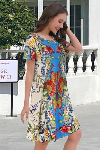 Sundresses for Women Summer Beach T Shirt Short Sleeve Floral Casual Loose Dresses(Red Blue Flower, XL) - Image 4