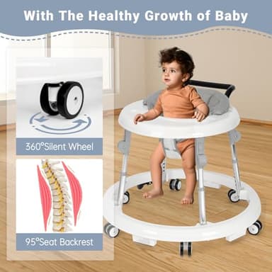 TreeCute Baby Walker Foldable with 9 Adjustable Heights, Baby Walker with Wheels Portable, Infant Toddler Walker for Baby Boy Girls 6-18 Months (White) - Image 7