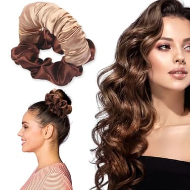 Heatless Curls Scrunchie, Brown Satin Heatless Curlers To Sleep In, Soft Sleepy Ties for Hair, Lazy Scrunchie Rollers No Heat Curls for Long Hair, Fashionable Item for Going Out and Exercise - Image 1