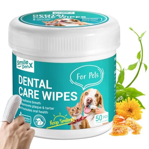 SmileDenX Teeth Cleaning Wipes for Dogs & Cats, Dog Finger Toothbrush Wipes, Dog Dental Care Finger Wipes, Dog Tooth Brushing Kit, Remove Plaque & Tartar Buildup, Fresh Breath (50 PCS, Unscented) - Image 1