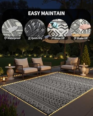 MontVoo-Outdoor Rug Carpet 8x10 ft for Patio RV Camping with Led Strip Lights Waterproof Plastic Straw Rug Reversible Portable Outside Indoor Outdoor Rug Mat for Patio Decor Balcony Picnic-Boho Rug - Image 5