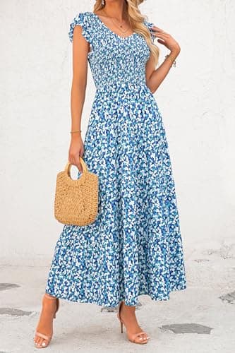 PRETTYGARDEN Women's Summer Flowy Maxi Dress Casual Cap Sleeve V Neck Smocked Beach Sundress (Print Blue,X-Large) - Image 6