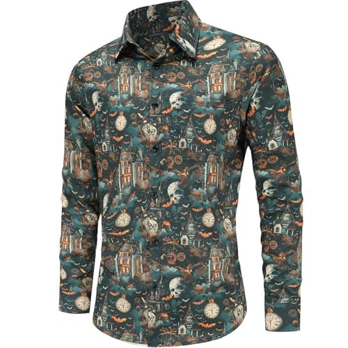 Funny Halloween Shirts for Men Novelty Long Sleeve Button-Down Skull Shirts with Unique 3D Print Design for Festivals 4-M - Image 1
