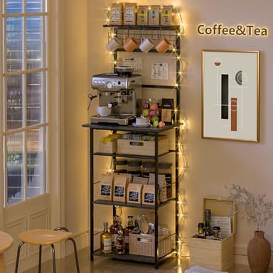 5 Tier Coffee Bar Station, Kitchen Stand with 4 S-Shaped Hooks, Farmhouse Corner Coffee Bar for Small Spaces, Bakers Rack for Kitchen, Entryway, Living Room, 13.43" D x 18.93" W x 53.31" H,Gray - Image 7