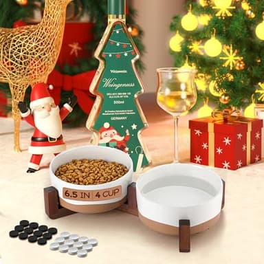 Lareina Ceramic Dog Bowl for Food and Water, 3 Cups Pet Bowl Set with Non-Slip Wood Stand for Your Small Medium Sized Dog, Vanilla White - Image 7