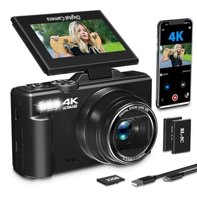 4K Digital Camera for Photography with 3" 180°Flip Screen,64MP Vlogging Camera for YouTube, HD WiFi Compact Camera with Flash, 18X Digital Zoom, 32GB TF Card & 2 Batteries(Black) - Image 1