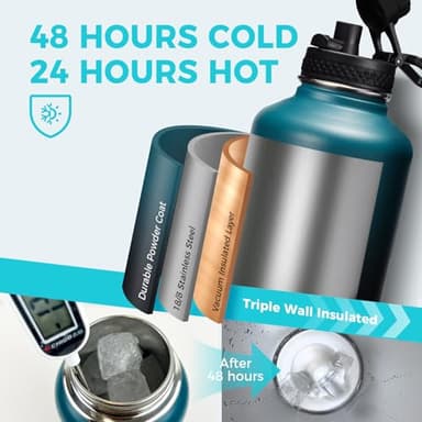 64 oz Insulated Water Bottle with Straw & Auto Spout Lids, Paracord Handle, Half Gallon Waterbottle Strap Carrier & Protective Boot, Wide Mouth Metal Canteen Thermo Mug, Leak-proof Sports Black Jug - Image 3