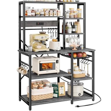 SUPERJARE Large Bakers Rack with Power Outlets, 6-Tier Microwave Stand, Coffee Bar with 12 S-Shaped Hooks, Kitchen Shelf with Wire Basket, 39.3 x 15.5 x 66.9 Inches, Charcoal Gray - Image 1