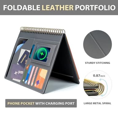 Clipboard with Storage for Men Women, Leather Padfolio Portfolio Organizer 5 Folders with 10 Pockets, Spiral Clipboard Folio with Notepad for Letter Size, Elastic Closure and Pen Loop Grey - Image 3