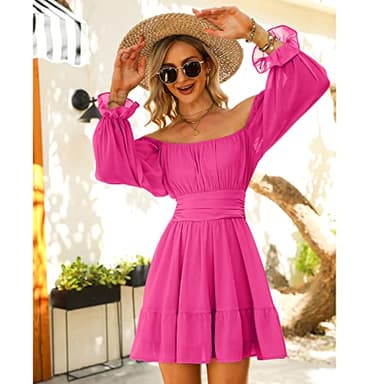EXLURA Women's 2025 Casual Long Lantern Sleeve Dresses Square Neck Ruffle Tie Back Elastic Waist Aline Short Mini Dress Hot Pink - Image 5