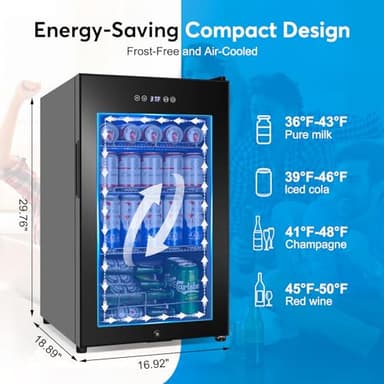 Beverage Refrigerator 17 inch Wide - 126 Can Beverage Cooler with Glass Door | Counter-Top/Freestanding Mini Beverage Beer Fridge | Temperature Memory | Invisible Door | Perfect for Soda, Beer - Image 2