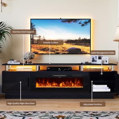 OneBlis 70" TV Stand for Living Room, Modern Entertainment Center & Media Console, Fits TVs up to 80", Storage Cabinet with Shelves, 36" Electric Fireplace with LED Flame (All Black) - Image 5