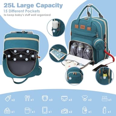 JSTPRO Diaper Bag Backpack, Large Diaper Bag with Changing Station, Baby Bag, New Mom Gifts, Lightweight Waterproof Unisex Diaper Bag with Insulated Pockets and USB Charging Port, Cyan - Image 2
