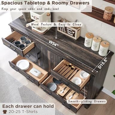 T4TREAM Farmhouse 8 Drawers Dresser for Bedroom, 54" Wide Wood Chest of Drawers w/Storage Cabient & Adjustable Shelf, Rustic Dressers Organizer for Living Room, Hallway, Dark Rustic Oak - Image 4