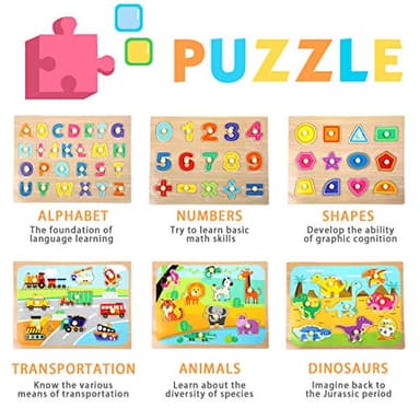 WOOD CITY Toddler Puzzles and Rack Set, Wooden Peg Puzzles Bundle with Storage Holder Rack, Educational Knob Puzzle for Kids Age 2 3 4 Years - Alphabet Number Shape Dinosaur Animal Vehicle - Image 2