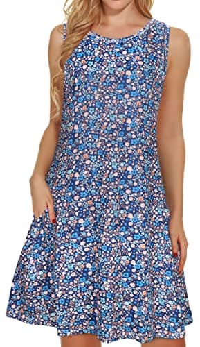Summer Dresses for Women Beach Floral Tshirt Sundress Sleeveless Pockets Casual Loose Tank Dress (Blue Small Floral,M) - Image 1