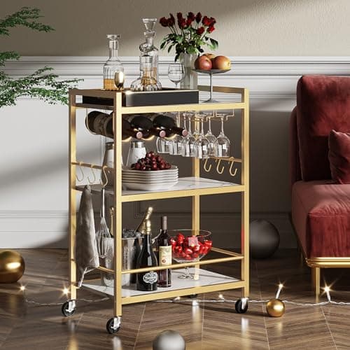 TUTOTAK Bar Cart - Serving Cart for Home - Microwave Cart, Drink Cart, Mobile Kitchen Shelf with Wine Rack and Glass Holder, Rolling Beverage Cart BC01BMG030 - Image 1