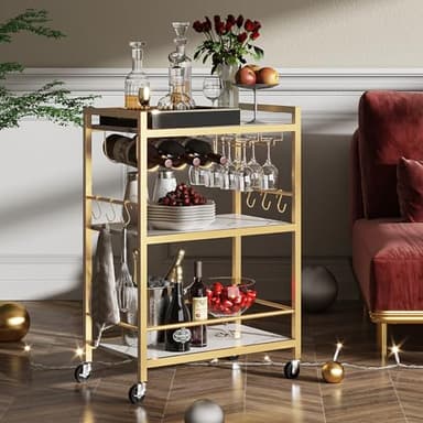TUTOTAK Bar Cart - Serving Cart for Home - Microwave Cart, Drink Cart, Mobile Kitchen Shelf with Wine Rack and Glass Holder, Rolling Beverage Cart BC01BMG030 - Image 1