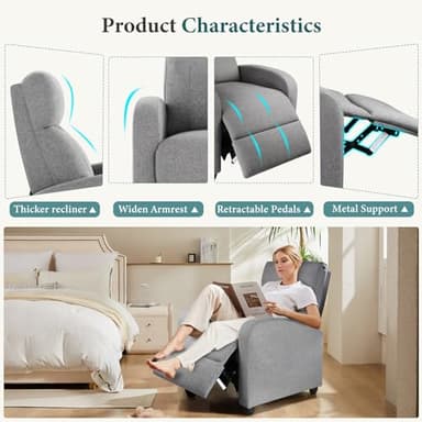SMUG Recliner Chair for Living Room, Leather Recliners, Home Theater Seating with Lumbar Support with Adjustable Backrest and Footrest, Modern Living Room Furniture with Padded Seat, Grey Seating - Image 7