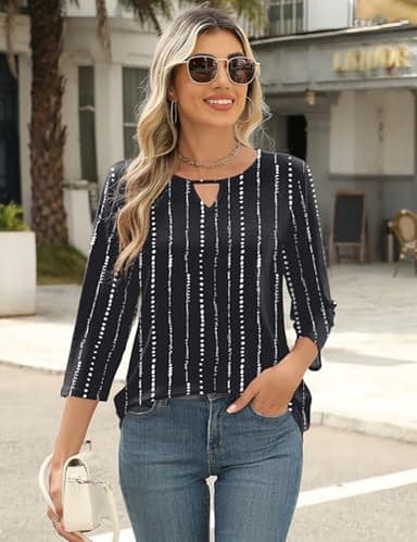 Romanstii 3/4 Length Sleeve Womens Tops Tunics or Tops to Wear with Leggings Cut Out Dressy Blouses Black White Stripes S - Image 5