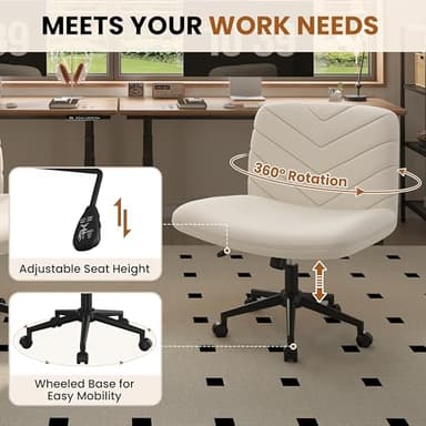 Yaheetech Wide Criss Cross Legged Office Desk Chair with No Wheels, Vanity Comfy Swivel Computer Chairs for Home Office Reading Makeup, Beige - Image 9