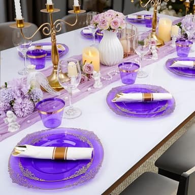 Bestluck 350 PCS Purple and Gold Plastic Plates, Disposable Dinnerware Set for 50 Guests, 100 Disposable Plates, 150 Silverwares, 50 Cups, 50 Napkins for Party, Wedding, Graduation - Image 7