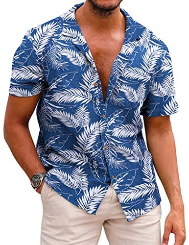 COOFANDY Men Cotton Linen Shirts Short Sleeve Button Down Relaxed Fit Floral Beach Shirts - Image 1